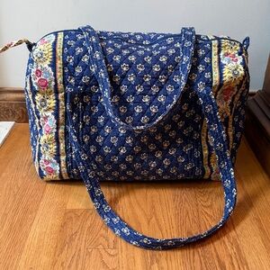Vera Bradley Maison Blue Retired Duffle Bag Blue Floral Pattern Outside Pocket